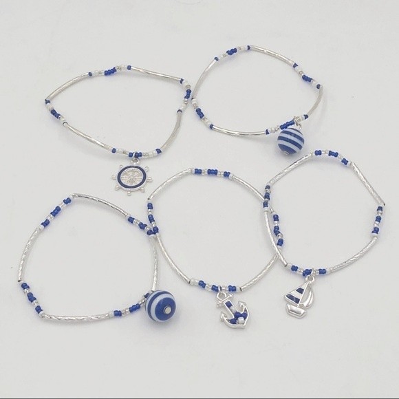 🌼 Nautical Theme Anchor Ship Wheel Boat Set of 5 Bracelets - Picture 2 of 3